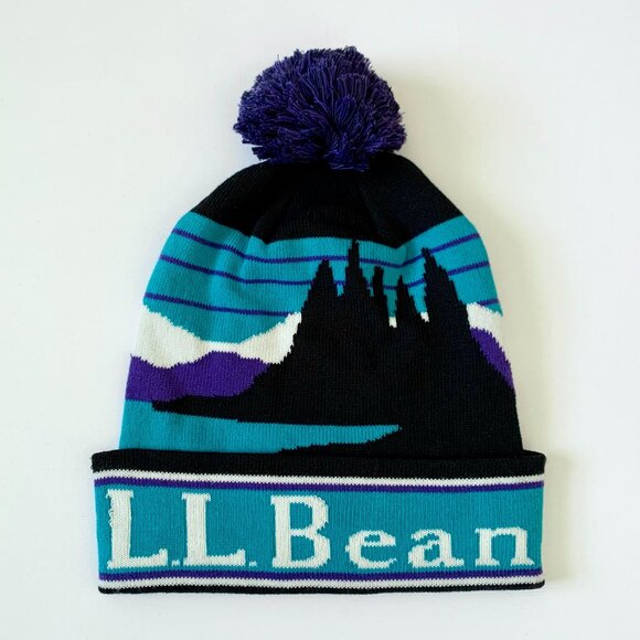 L.L. Bean Knit Katahdin Pom Hat Beanie Toque Black Purple Blue Teal  Winter Cozy - Picture 2 of 9